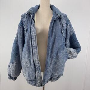 VTG 80's Acid Wash Denim Knit Blue Bomber Jacket Zipper sz Large Y2K Stretwear